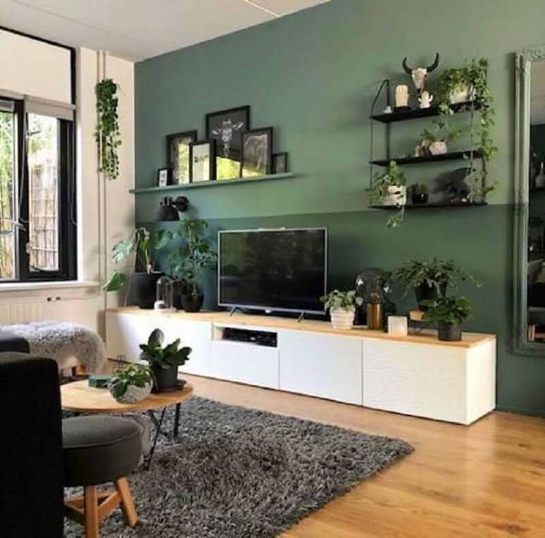 56. Vasos de plantas para decoração de sala verde com tapete felpudo cinza – Foto: Pinterest