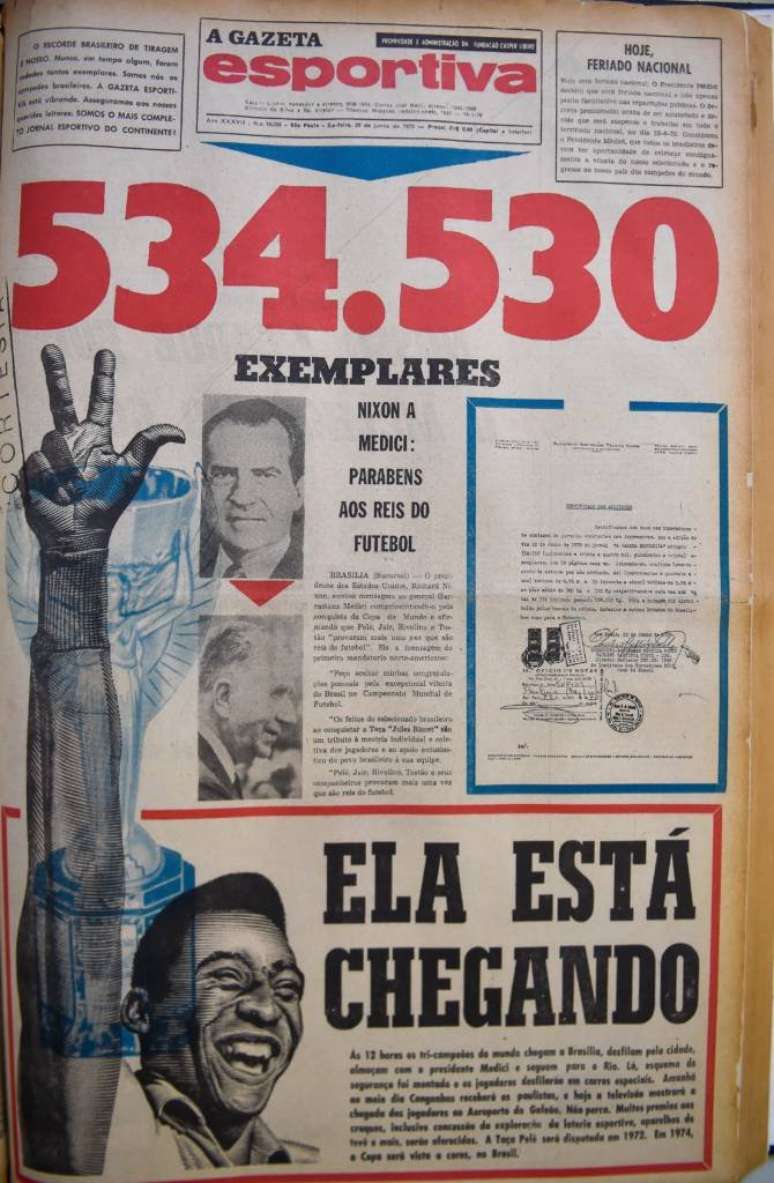 Reprodução da capa do jornal A Gazeta Esportiva do dia 23 de junho de 1970, com o título: 534.530 exemplares (Foto: Reprodução)