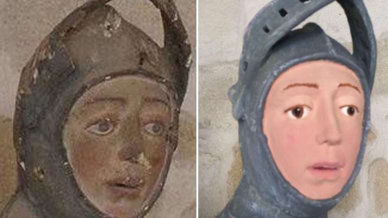 Escultura de S&atilde;o Jorge antes e depois da restaura&ccedil;&atilde;o; objetivo era apenas 'arrumar um peda&ccedil;o que estava sujo'