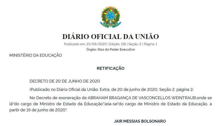 'Diário Oficial' da União traz retificação da data de exoneração de Abraham Wientraub do Ministério da Educação