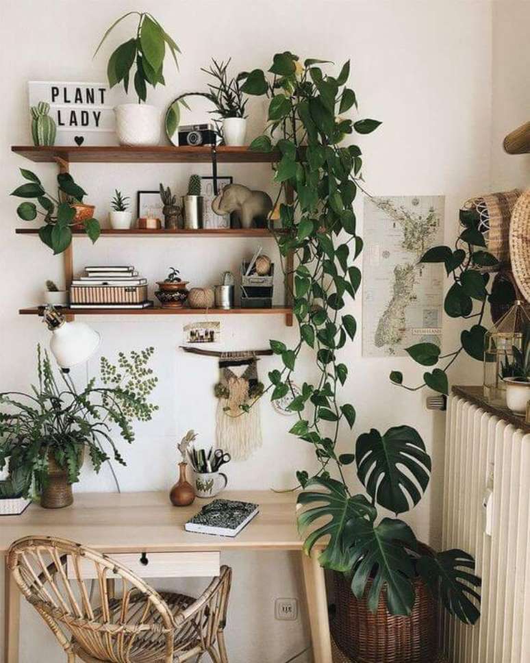 5. Escrivaninha com plantas e variadas decorando o espaço – Via: Pinterest