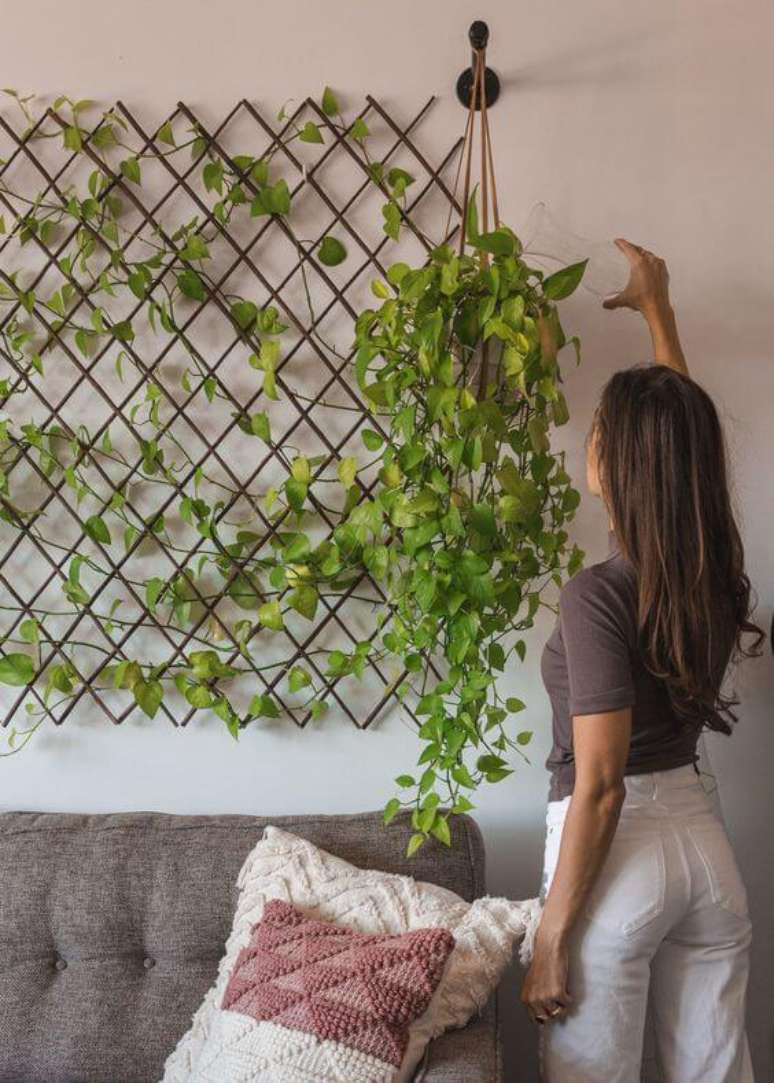 22. A sala de estar &eacute; o local perfeito para colocar a planta jiboia pendente &ndash; Via: Pinterest