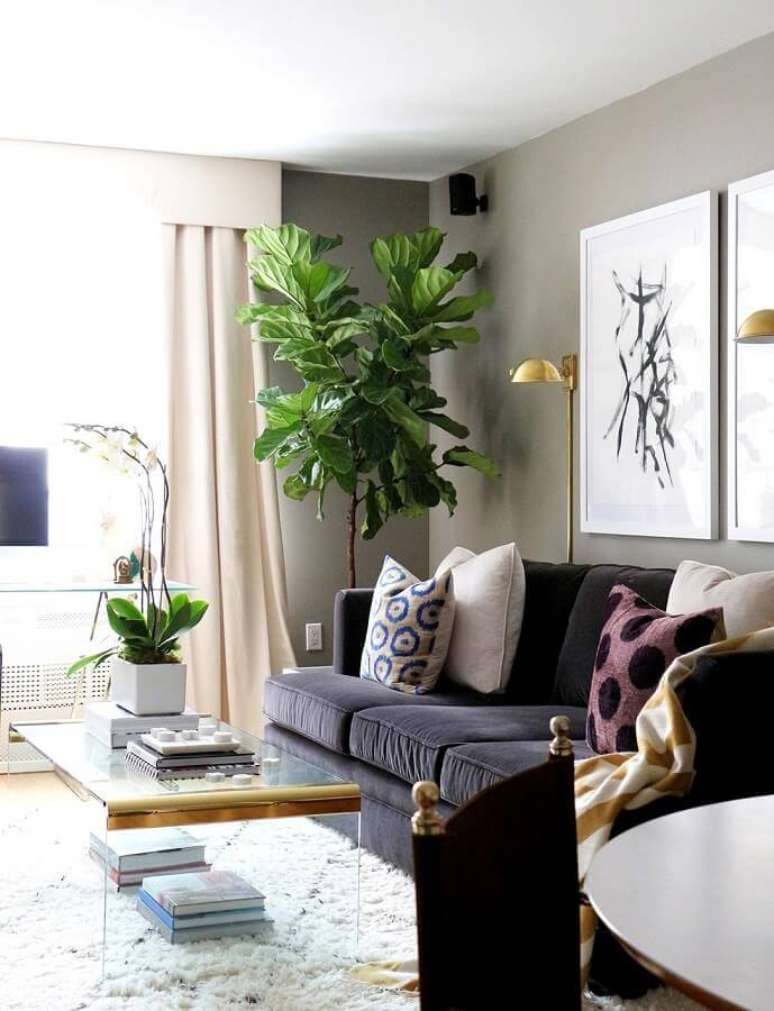 36. Decoração com plantas para sala de estar moderna e sofisticada com sofá preto e detalhes em dourado – Foto: Lolahome