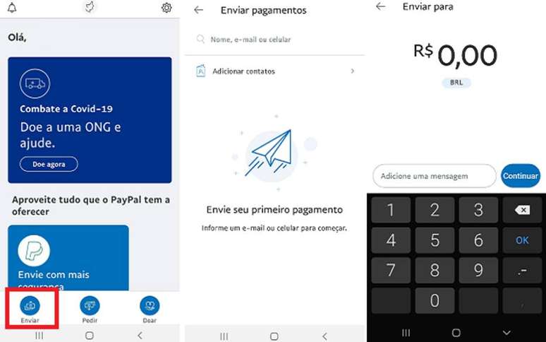 Para enviar dinheiro pelo aplicativo mobile, toque em Enviar, no canto inferior esquerdo da tela, insira o nome, número de telefone ou email do destinatário, digite o valor que deseja enviar e confirme as informações antes de completar a transação.