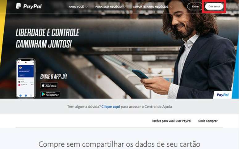 Passo 1: No site para desktop, clique em "Criar conta" no canto superior direito da tela.