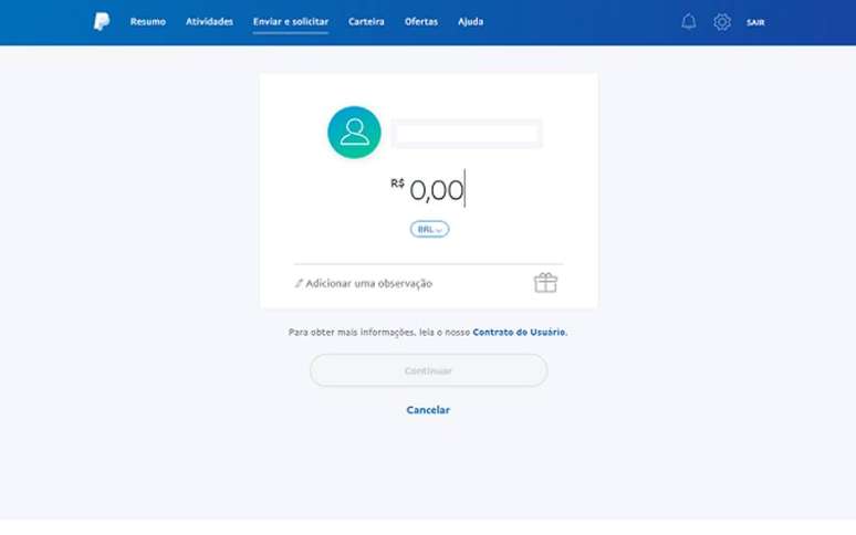 Passo 3: Insira o valor da transação. Em seguida confira as informações e, se tudo estiver correto, clique em Avançar ou Prosseguir para enviar.