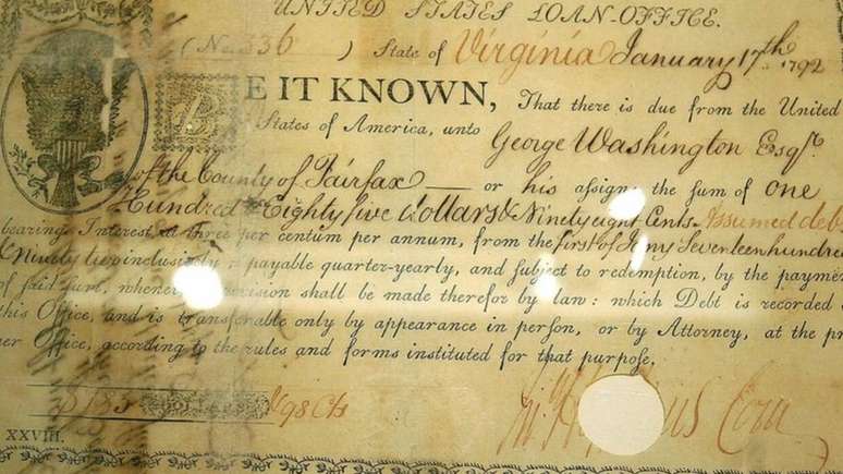 Primeiro uso do s&iacute;mbolo do d&oacute;lar em um documento financeiro americano, assinado pelo ex-presidente dos EUA George Washington em 1792