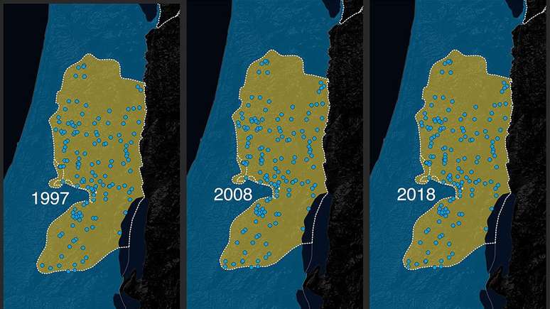 A map of Israeli settlements in the West Bank from 1997-2018