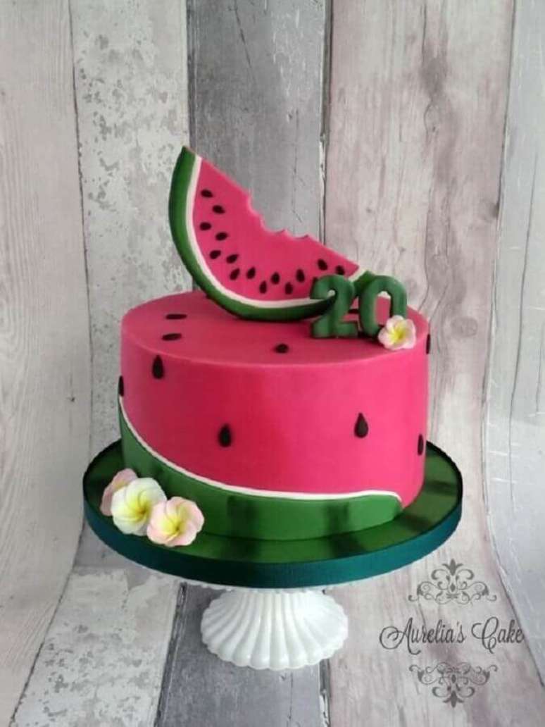 32. Lindo bolo decorado com tema melancia para festa de aniversário da Magali – Foto: Aurelia’s Cake