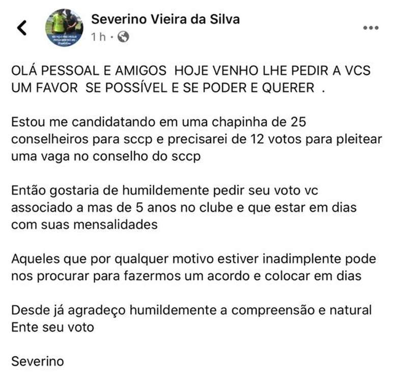 Publicação de Severino, pai de Willian, no Facebook (Foto: Reprodução)