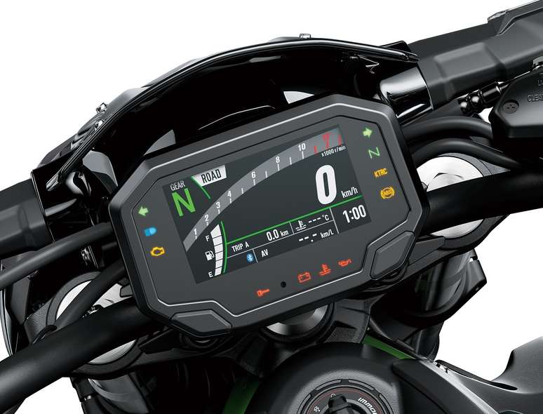 Painel da Kawasaki 900 traz in&uacute;meras informa&ccedil;&otilde;es digitais para o piloto.