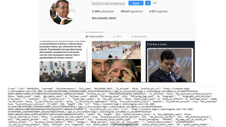 C&oacute;digo fonte mostra e-mail de Tercio Arnaud Tomaz ligado a p&aacute;gina Bolsonaro Newsss no Instagram