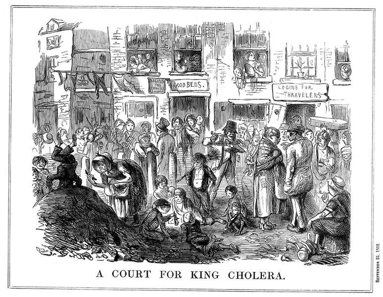 "Uma corte para o rei da cólera", diz esta ilustração feita em 1852, que descreve uma cena típica de condições superlotadas e insalubres nas favelas de Londres. A cólera apareceu pela primeira vez na Grã-Bretanha em 1831, e surtos ocorreram regularmente em Londres em meados do século 19