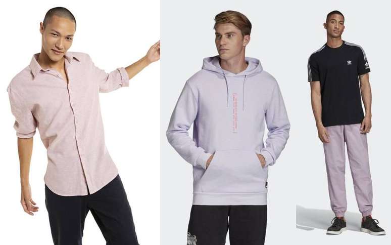 Tons pastel de rosa e lilás também estão em alta para os homens: camisa da marca Havaianas; blusa de capuz  e calça da Adidas