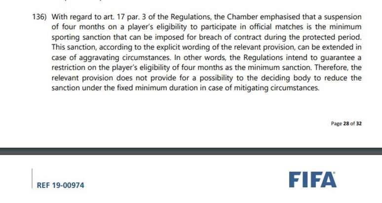 Trecho da notificação da Fifa sobre a punição ao atacante Rony