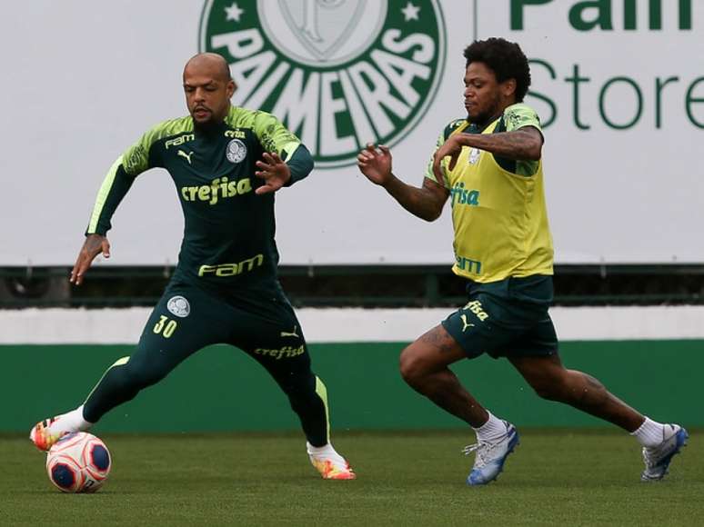 Felipe Melo e Luiz Adriano participam de treinamento na manhã desta terça-feira (Cesar Greco/Agência Palmeiras)