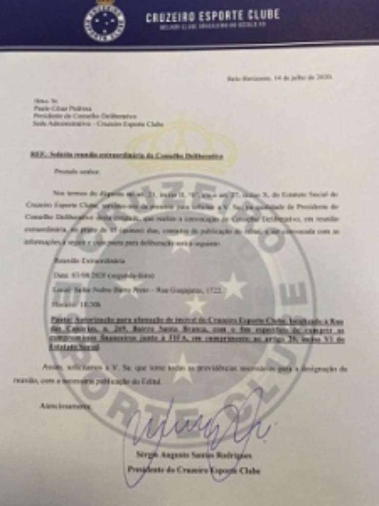 Documento da convocação do Conselho do Cruzeiro/Reprodução