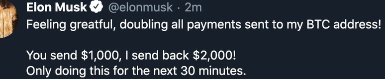 'Estou me sentindo generoso', diz tuíte em conta de Elon Musk hackeada