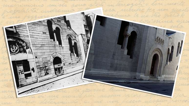 Sinagoga de Triestre em 1938 e no p&oacute;s-guerra
