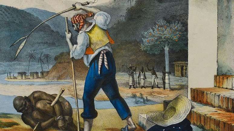 Um escravo sendo torturado em uma fazenda brasileira na visão do pintor francês Jean-Baptiste Debret, que viajou o país retratando cenas da vida no século 19