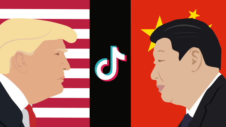 Ilustração do TikTok e presidentes dos EUA e China.
