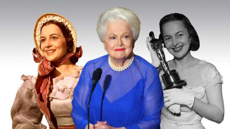 Olivia de Havilland aos 26 anos, como Melanie em E o Vento Levou; no Oscar de 2003, prestes a completar 87; e ao ganhar a segunda estatueta, em 1950