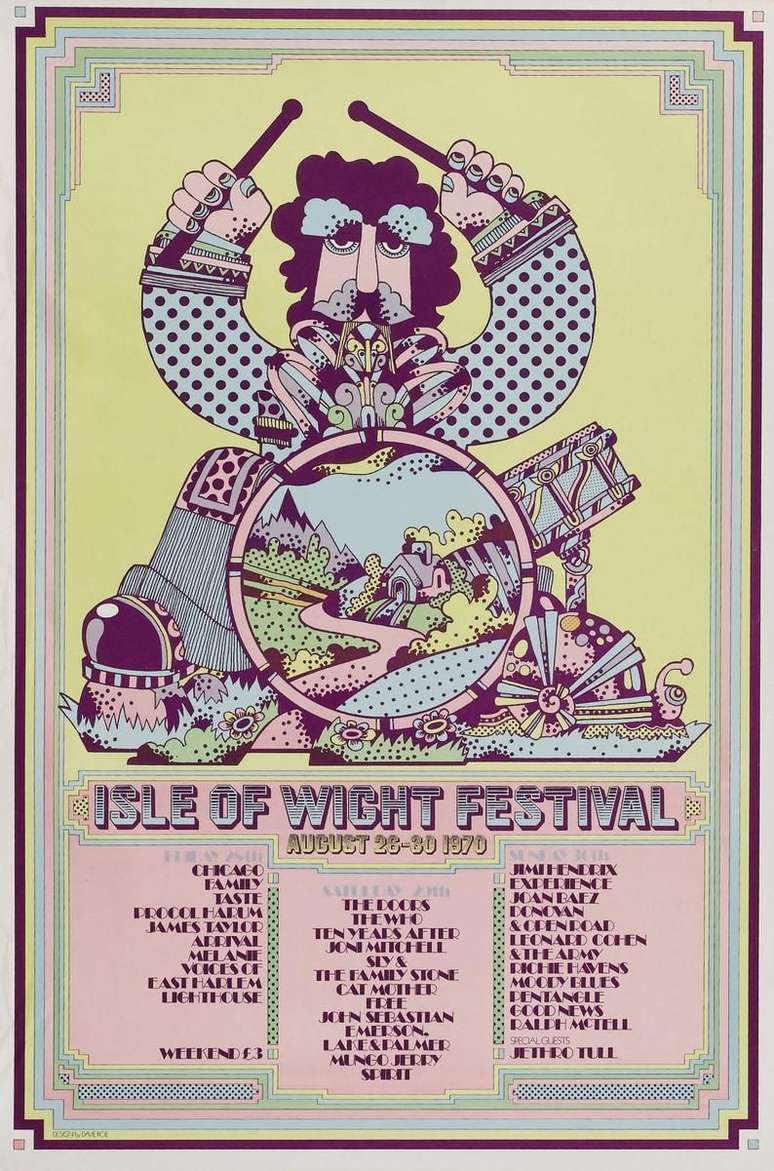 Cartaz original do Isle of Wight Festival anuncia atos de sucesso como The Doors e Jimi Hendrix.