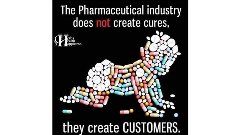 "A indústria farmacêutica não cria curas, cria CLIENTES", diz este meme