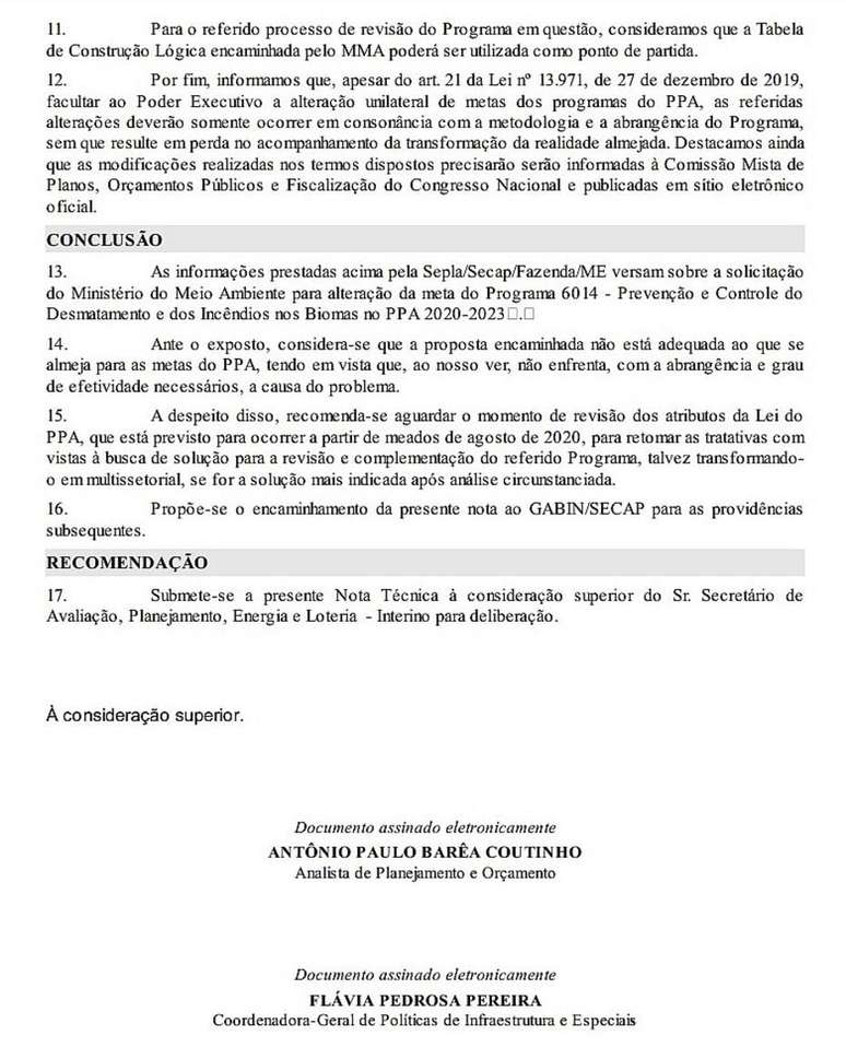 Nota técnica do Ministério da Economia em resposta ao pedido do Salles conclui que proposta apresentada pelo Meio Ambiente de mudar meta de preservação até 2023 não é "adequada"