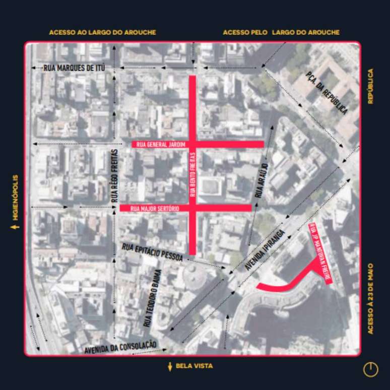 Mapa divulgado pela Prefeitura de São Paulo com as ruas que serão testadas no plano piloto de permissão para mesas e cadeiras nas calçadas