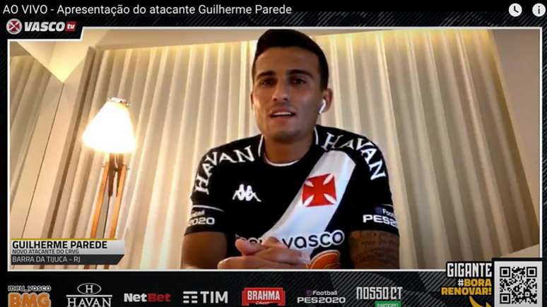Guilherme Parede foi apresentado em transmissão da Vasco TV, nesta terça-feira (Reprodução/YouTube)