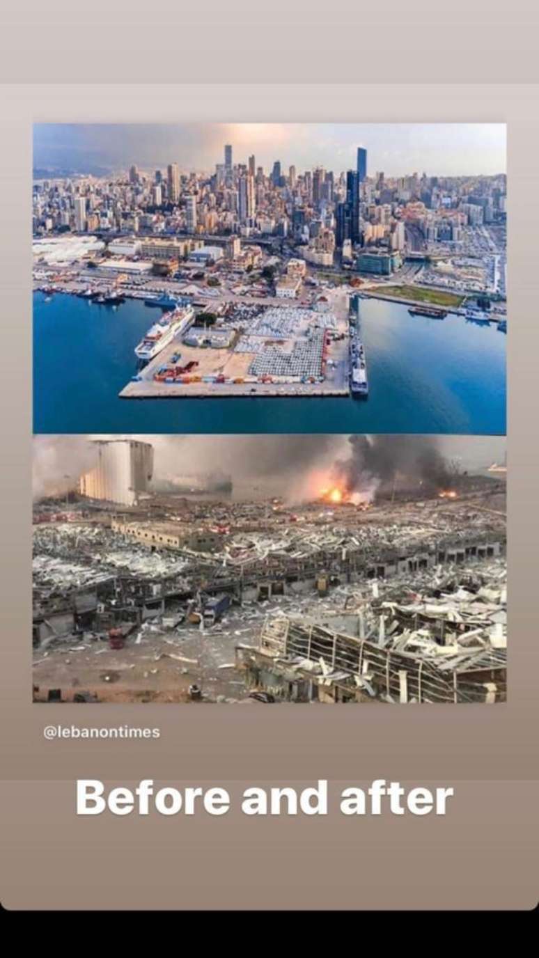 Vista a&eacute;rea do antes e depois da regi&atilde;o atingida pela megaexplos&atilde;o