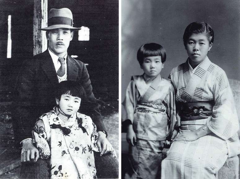 Reiko com o pai Keizo Ura (à esquerda) e a irmã mais velha, Shizue Ura