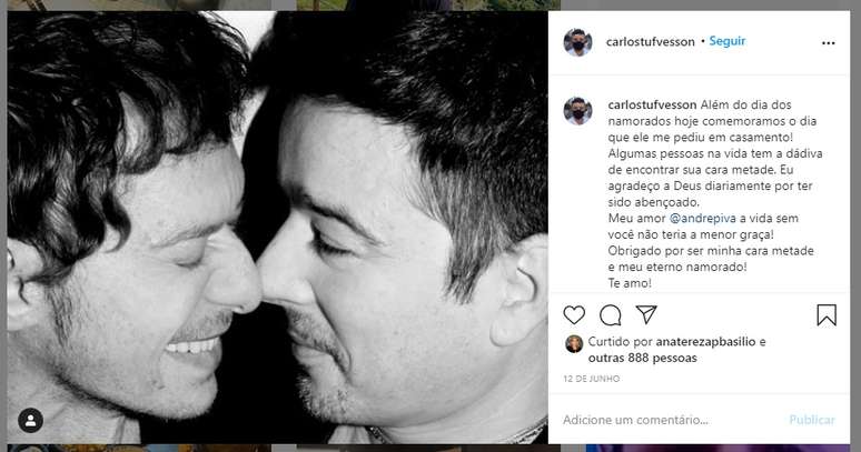 No último Dia dos Namorados, Carlos Tufvesson fez declaração de amor a André Piva em post no Instagram