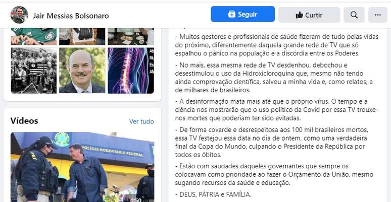 O post de Jair Bolsonaro com críticas à Globo teve 30 mil compartilhamentos no Facebook