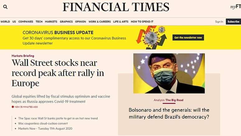 Principal página do site do jornal Financial Times questiona papel de militares no Brasil sob Bolsonaro