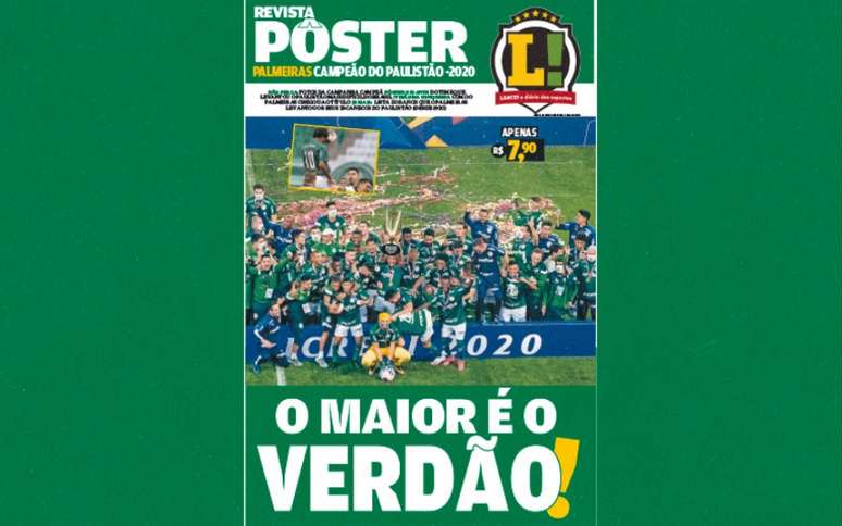 Já nas bancas, a revista pôster do Palmeiras, celebrando a conquista do Campeonato Paulista de 2020 (reprodução)