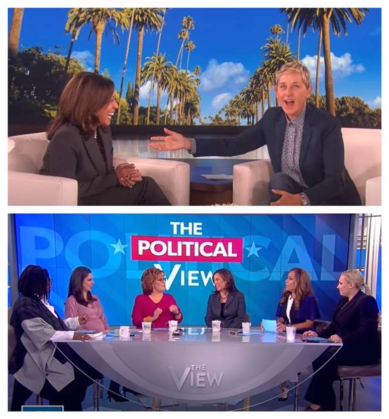 A senadora californiana com Ellen DeGeneres na NBC e, abaixo, na mesa redonda feminina The View, na ABC