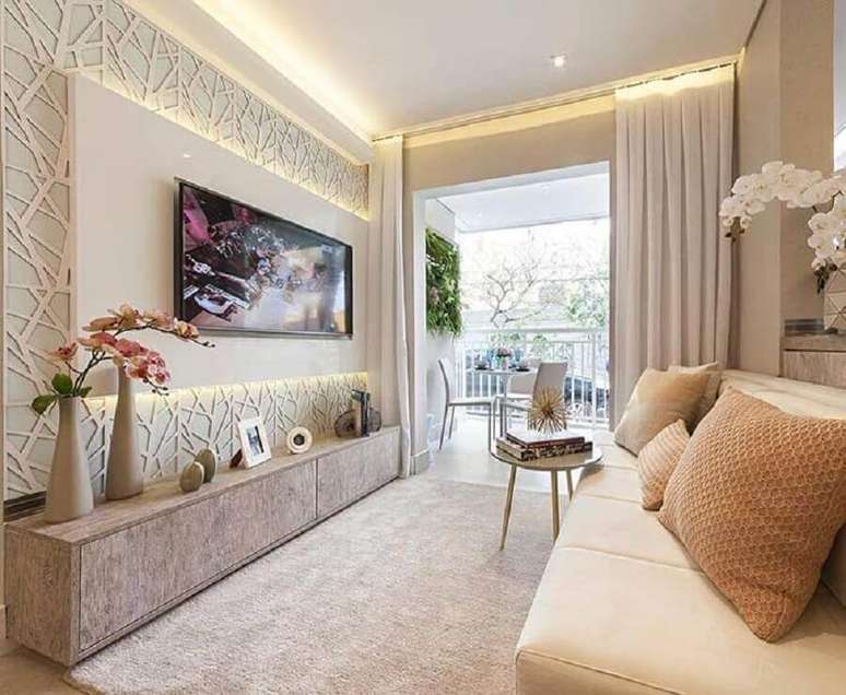 58. Revestimento 3D para sala de apartamento pequeno decorado sofisticada &ndash; Foto: Pinterest