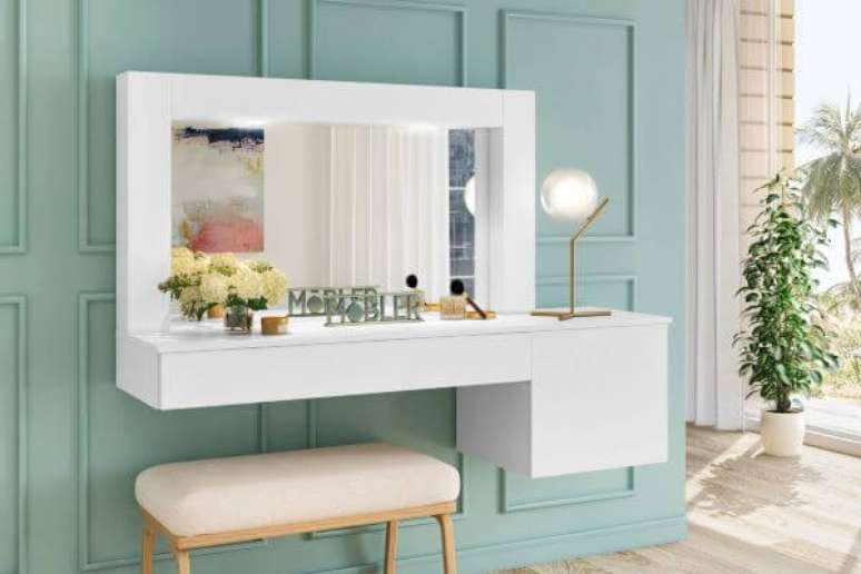 64. Penteadeira suspensa branca com espelho &ndash; Via: Pinterest