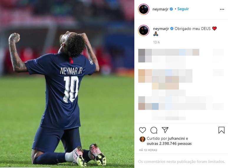 Post de Neymar sobre a classificação do PSG à final da Champions League gerou mais de 2 milhões de curtidas