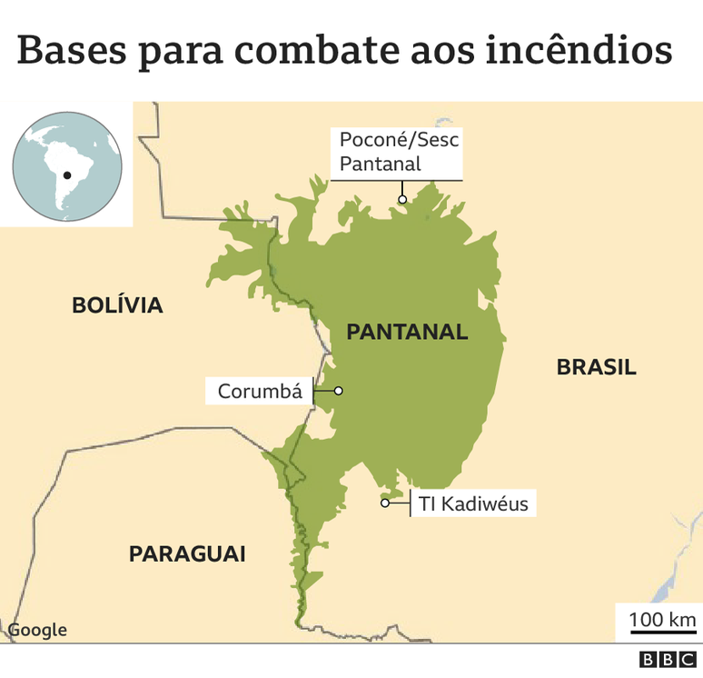 Mapa mostra localização do Pantanal e das bases de combate aos incêndios