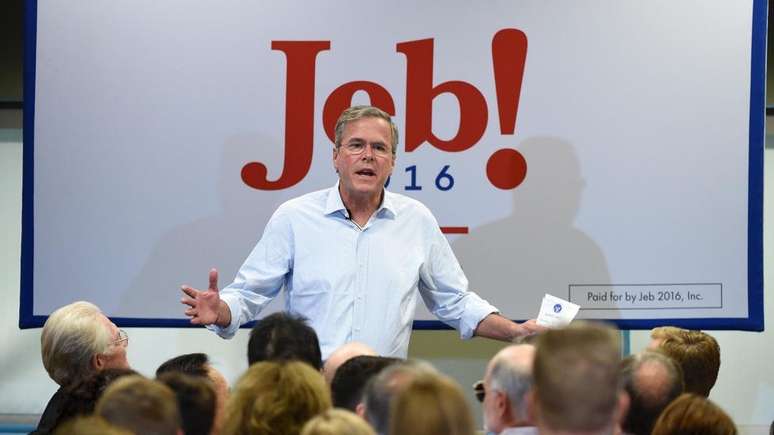 A logo da campanha de Jeb Bush à presidência dos EUA em 2016 mostrava o nome dele com um ponto de exclamação, o que foi alvo de gozação