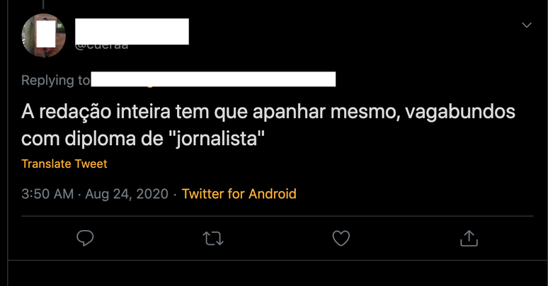Reprodu&ccedil;&atilde;o de tu&iacute;te com ataque a jornalistas