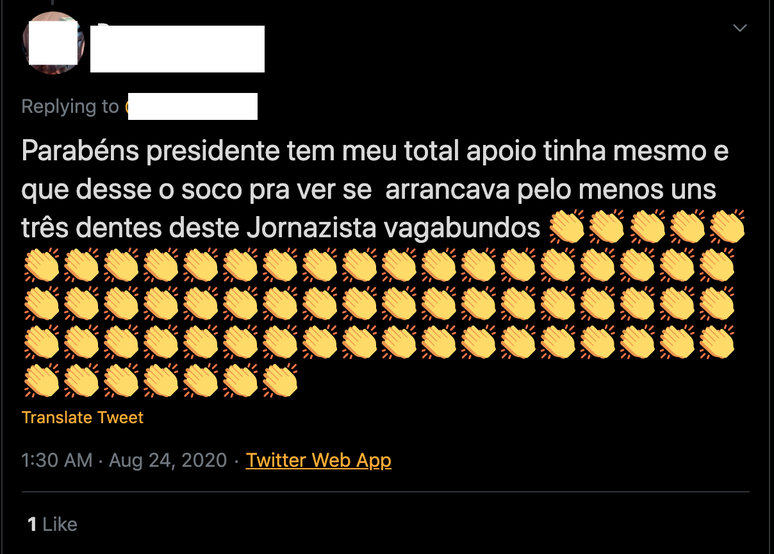 Reprodu&ccedil;&atilde;o de tu&iacute;te com ataque a jornalistas