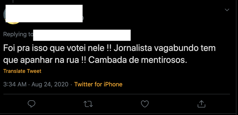 Reprodu&ccedil;&atilde;o de tu&iacute;te com ataque a jornalistas