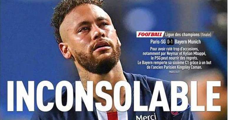 Recorte da primeira página do jornal esportivo francês L&#039;Équipe: inconsolável sim, porém mais em evidência do que nunca