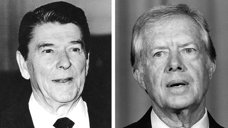 Em 1980, o republicano Ronald Reagan (à esq.) derrotou o democrata Jimmy Carter, que tentava se reeleger