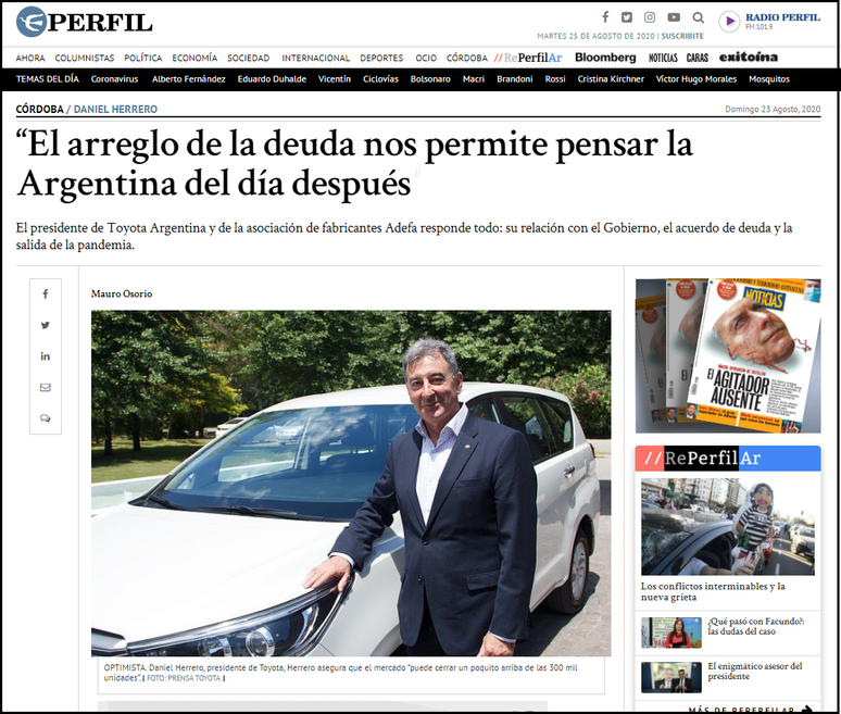 Entrevista do presidente da Toyota, Daniel Herrero, saiu publicado no site do Perfil. 