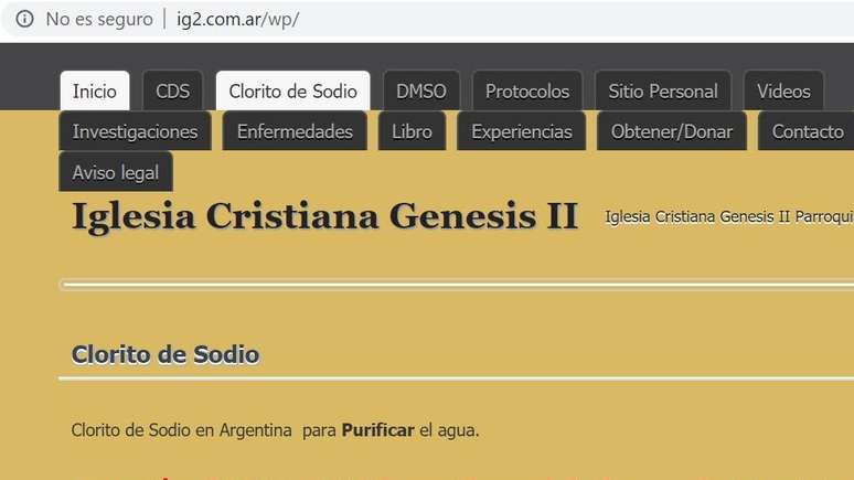 Página argentina associada com a Igreja Genesis II divulga o clorito de sódio 'para purificar a água'